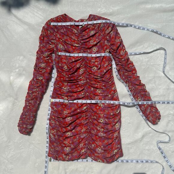 Rohe Sadie Long Sleeve Retro Floral Ruched Mini Dress Red Multi Size 34 FR 2 US - Picture 9 of 15